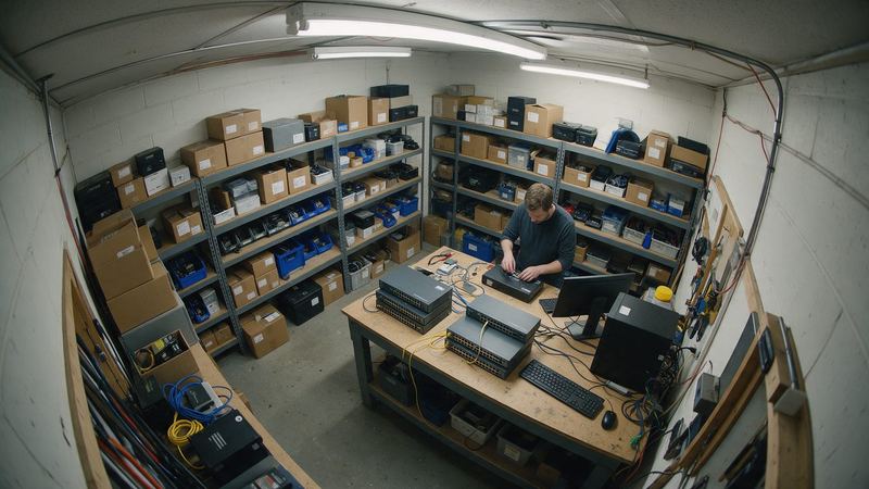Caméra filmant un atelier avec rayonnages de stock